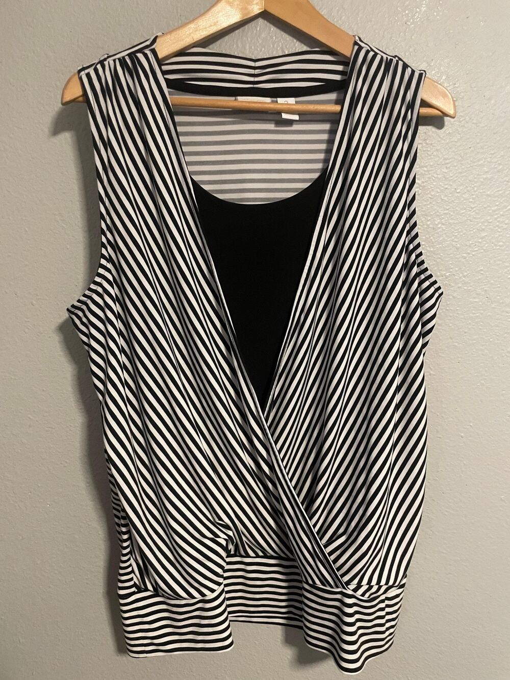 Chicos Womens Top Size 3 US XL Black White Stripe Faux Wrap Sleeveless Modern